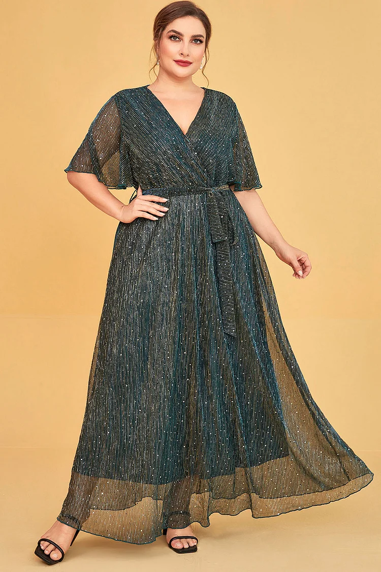 Flycurvy Plus Size Formal Dark Green Mesh Sparkly V Neck Ruffle Sleeve Fitted Waist Maxi Dress  Flycurvy [product_label]