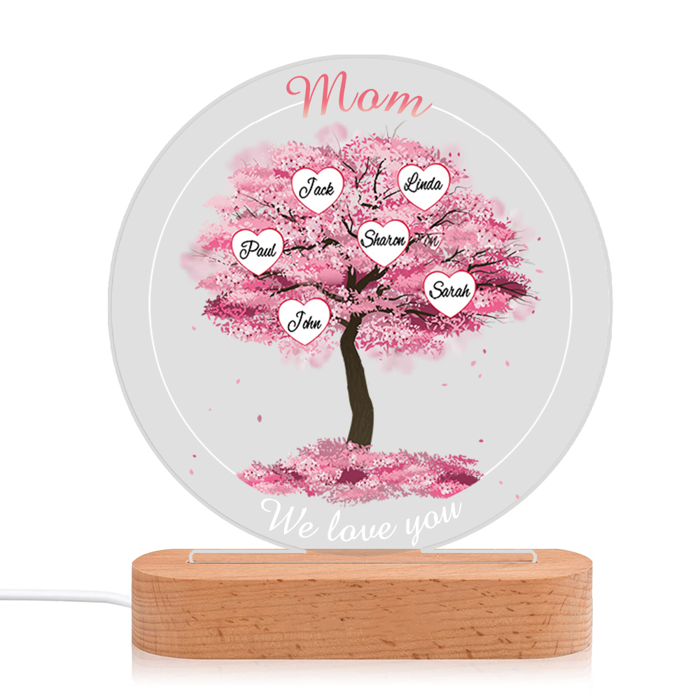 6 Names - Personalised Acrylic Night Light Custom 2 Texts Pink Family Tree LED Lamp Gifts for Mother/Grandma-Jessemade AU