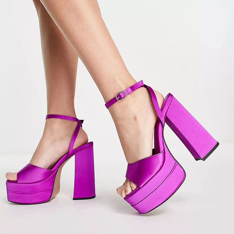 Fuchsia Satin Platform Sandals with Chunky Heel   - Open Toe Vdcoo