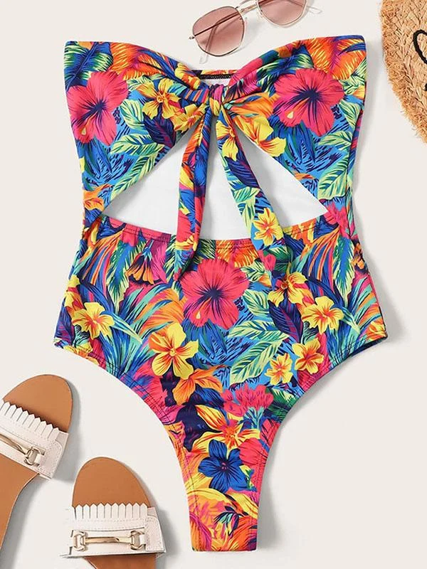 Sexy Strapless Bandage Hollow Printing One-Piece Swimwear