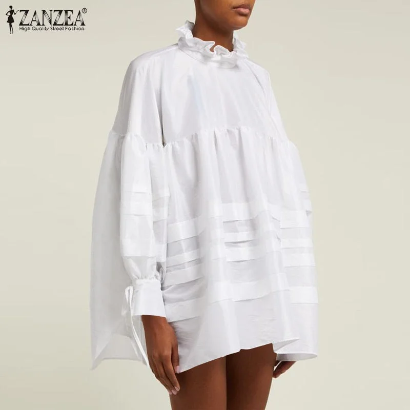 ZANZEA Casual Blouse 2022 Fashion Women Ruffles Long Sleeve Lace Up Solid Shirt Spring Blusas Loose Tunic Tops  Chemise