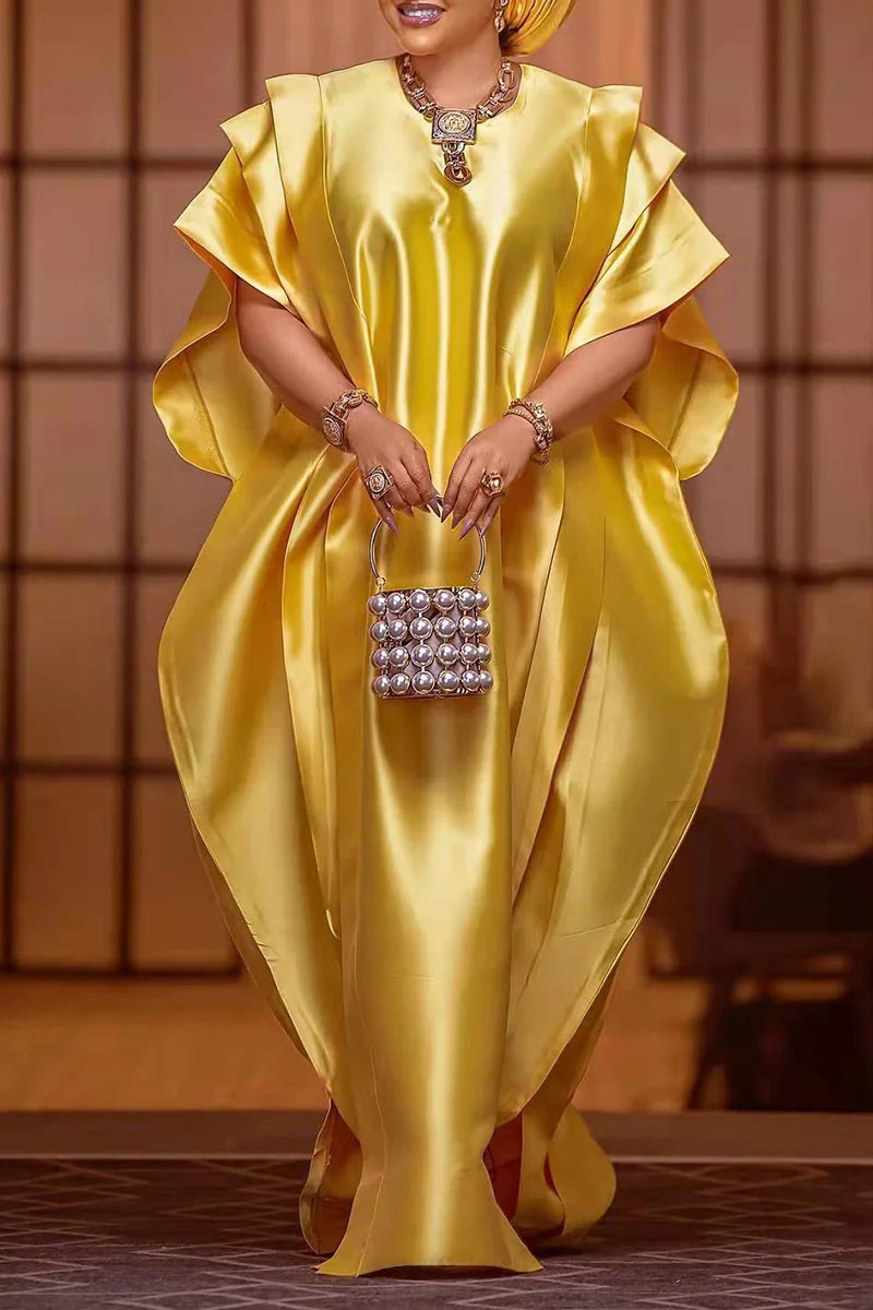 Golden Yellow Elegant Solid Patchwork Flounce O Neck Irregular Dress Dresses