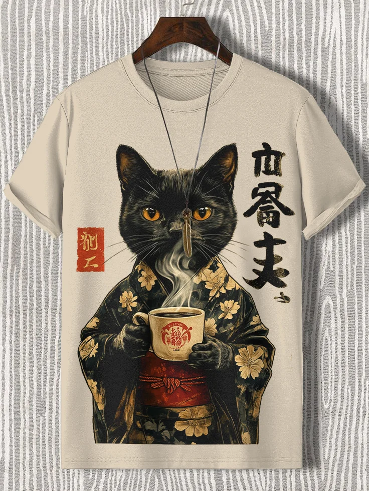Men's Cat Drinking Coffee Japanese Art Print Cotton Casual T-Shirt