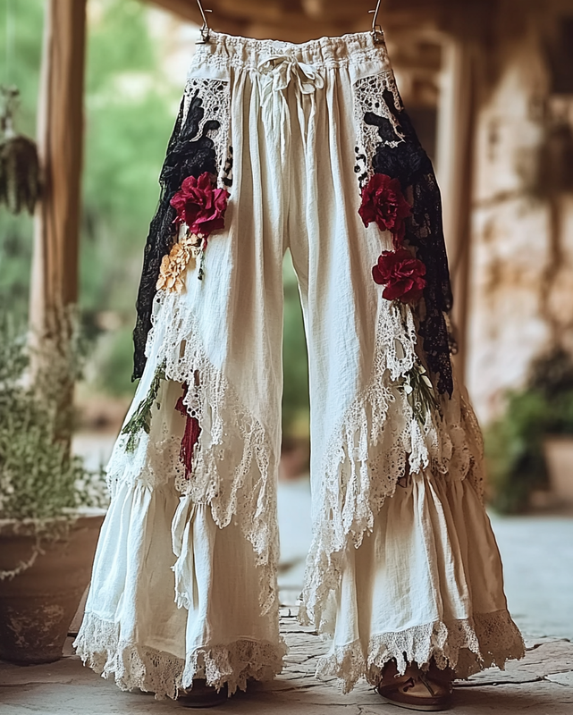 Summer Vacation Ruffle Lace Patchwork Pants