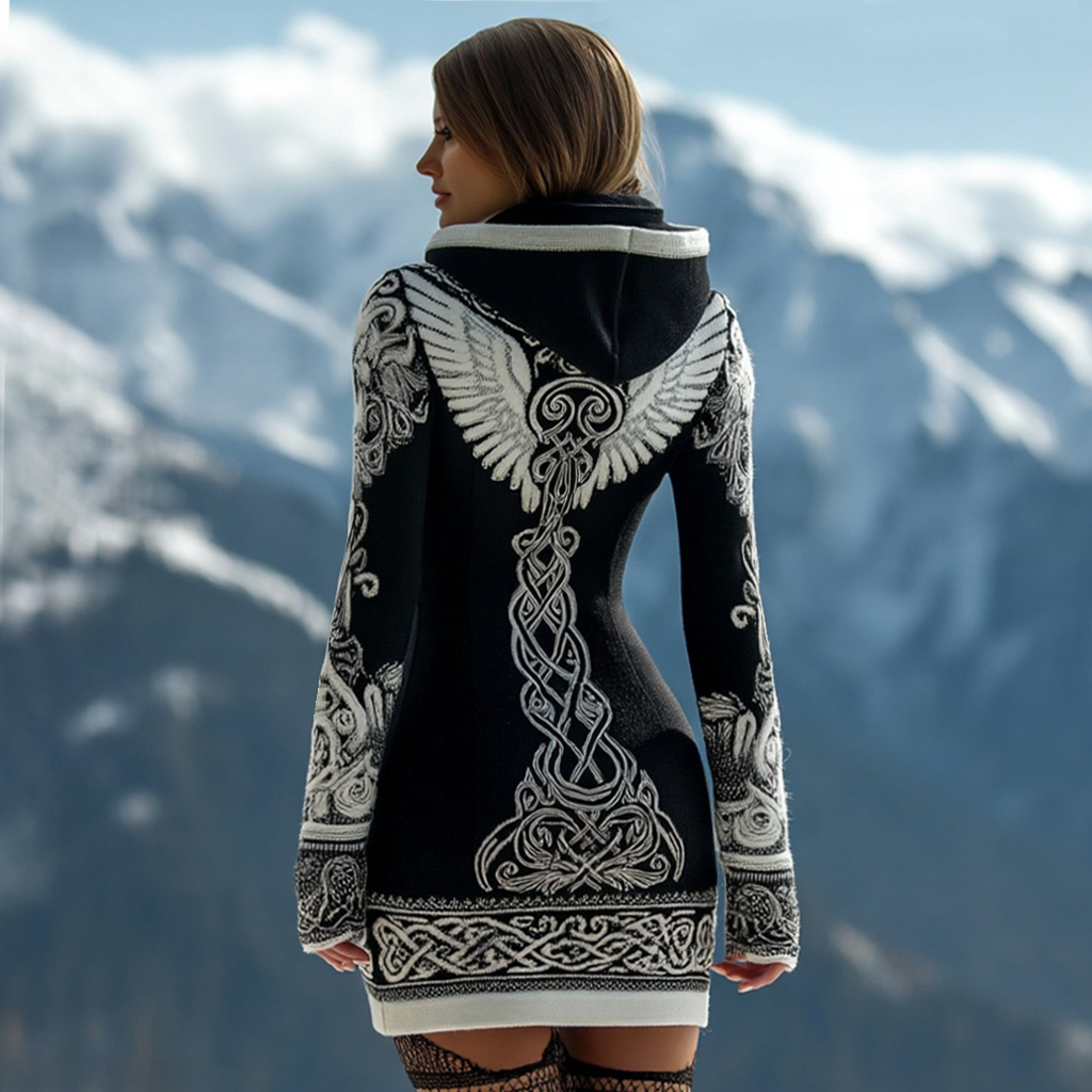 Women's Viking Wing Celtic Art Cozy Knit Mini Hooded Sweater Dress elevenforest