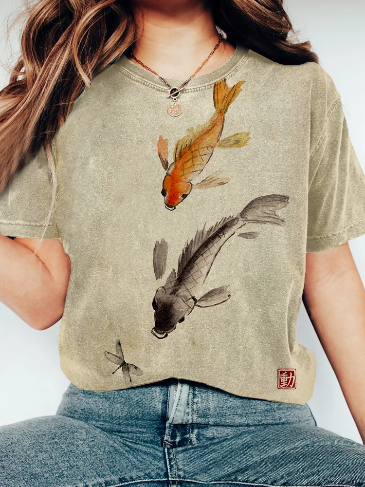 Comstylish Japanese Watercolor Koi & Dragonfly Art Washed T Shirt