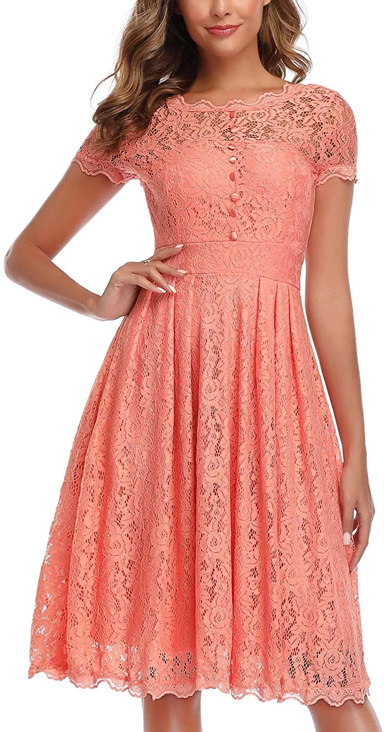 Women's Retro Floral Lace Cap Sleeve Vintage Rockabilly Swing Prom Party Bridesmaid Dress