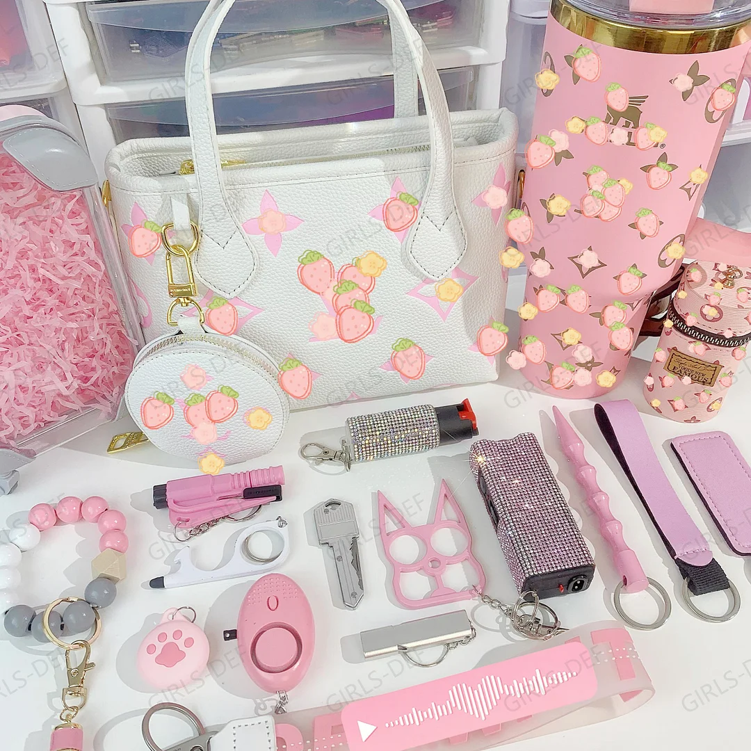 (PINK & WHITE) 3rd Gen French Designer Tote Bag self defense keychain with Tumbler