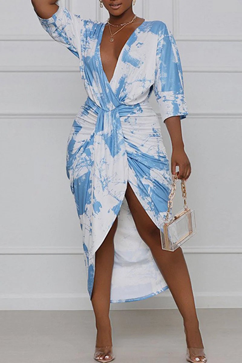 Light Blue Elegant Print Tie Dye Patchwork Fold Asymmetrical V Neck Straight Dresses | EGEMISS