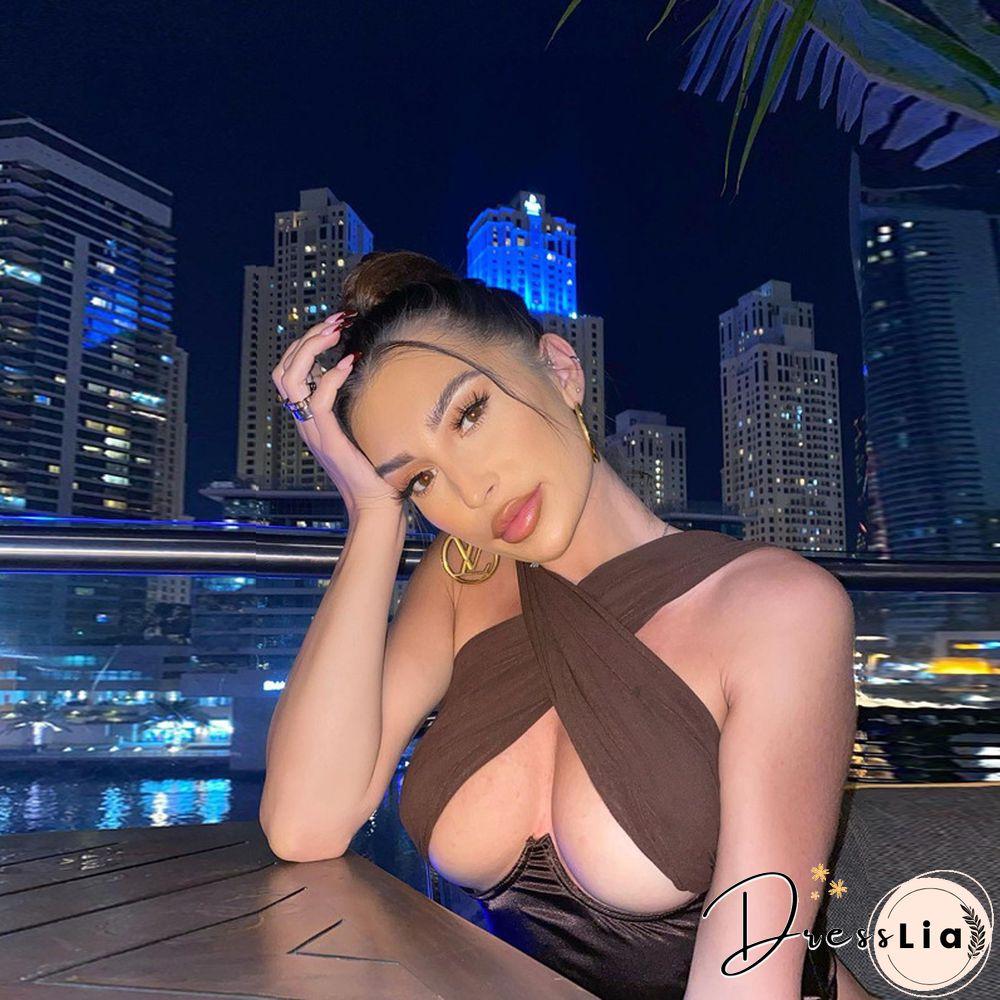 Hollow Out Tank Top For Women Sexy Short Crop Tops Brown Crossover Solid Clothes Fashion New Summer Streetwear