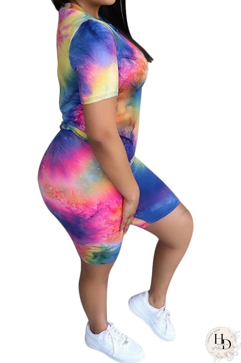 Blue Fashion Casual Active Print Tie Dye Short Sleeve Two Pieces
