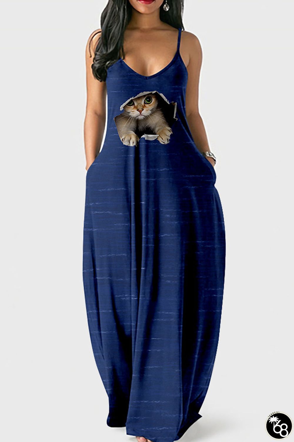 Dark Blue Street Print Patchwork Spaghetti Strap Lantern Dress Dresses | 168DEAL