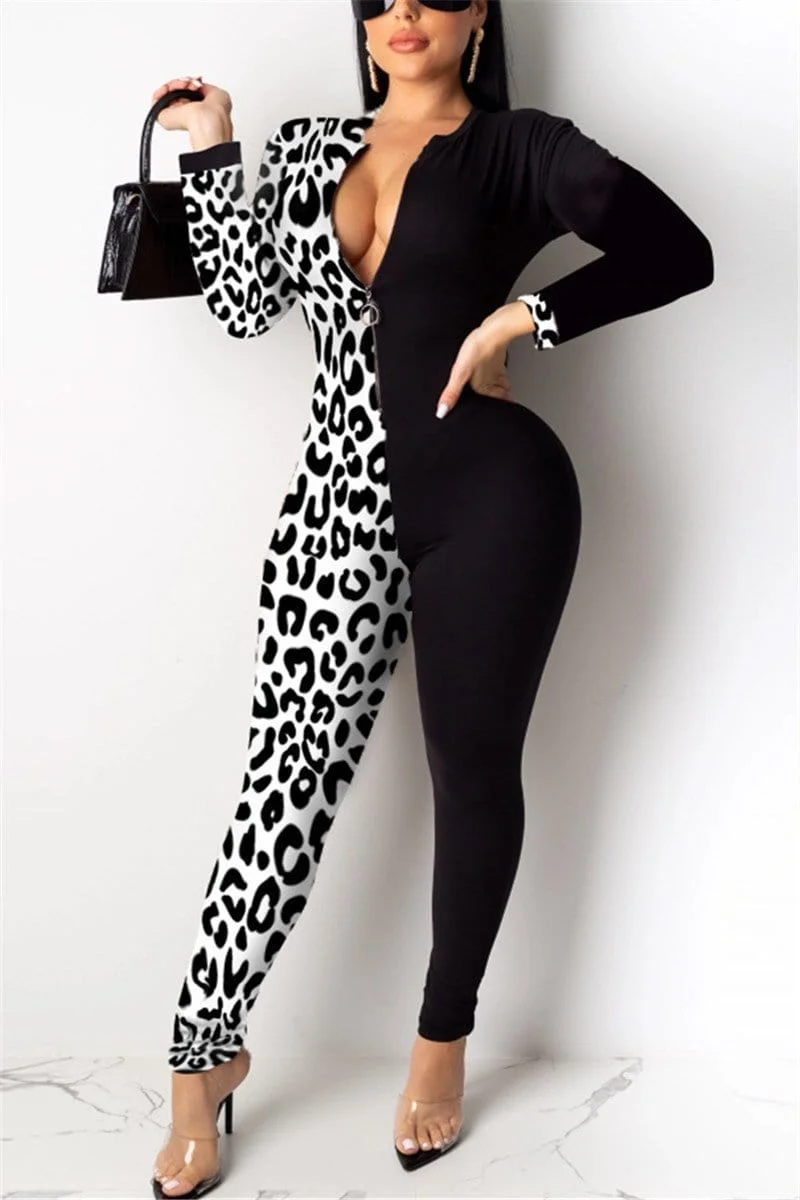 Fashion Sexy Zipper Leopard Long Sleeve Jumpsuit