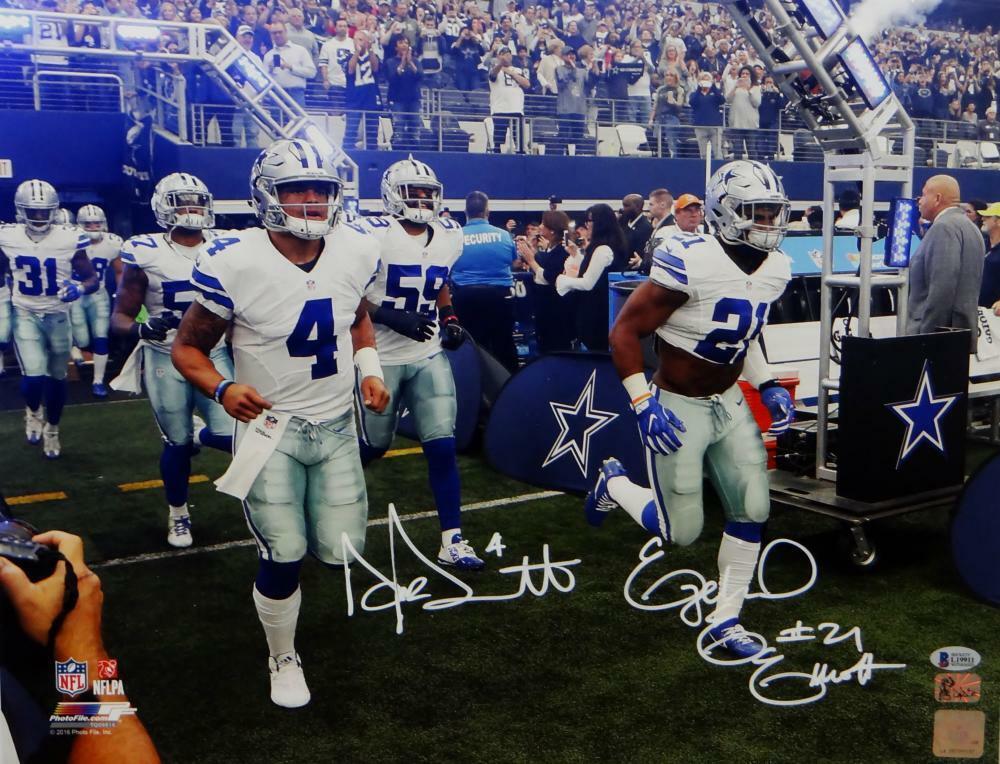 Dak Prescott Ezekiel Elliott Signed Cowboys 16x20 PF Photo Poster painting Onto Field-Beckett *W