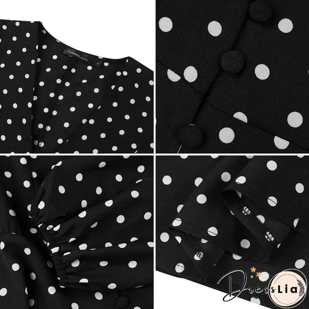 Autumn Spring Dresses Women Stain Silk Polka Dot Puff Long Sleeve V Neck Party Mini A Line Dress Plus Size