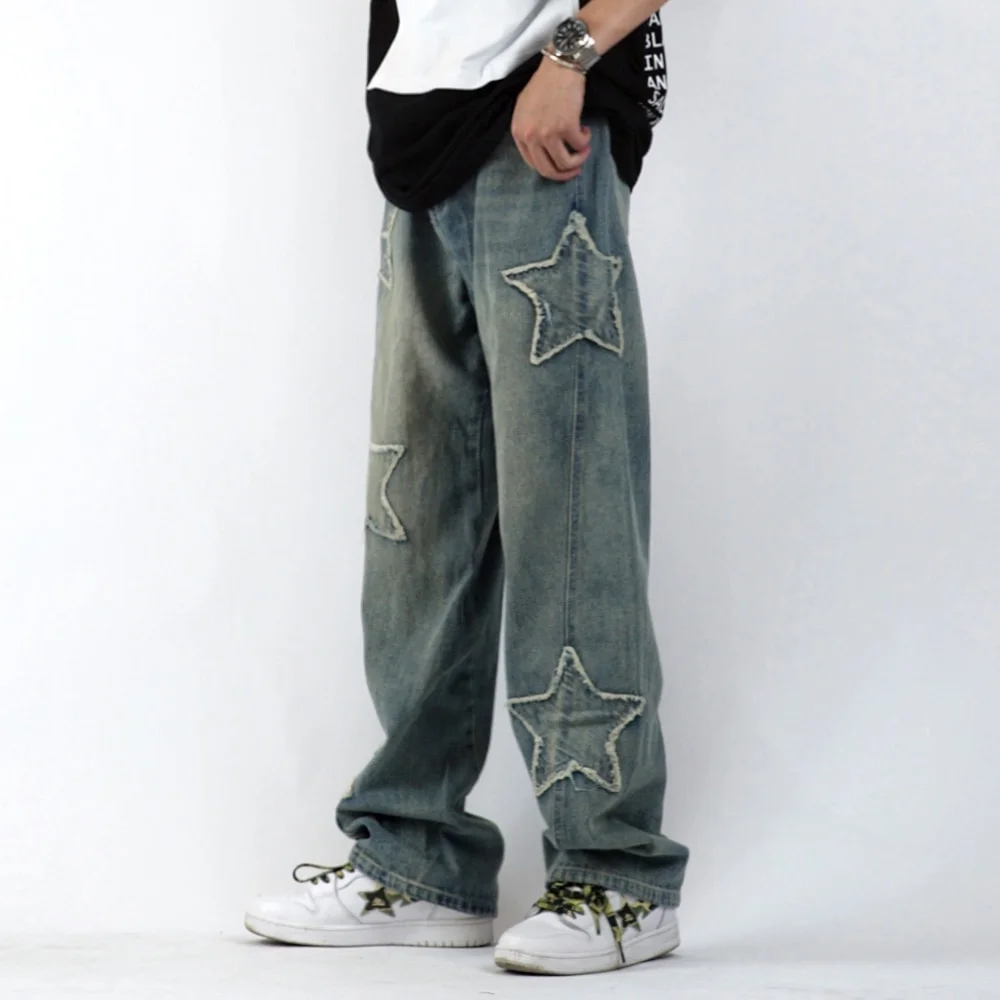 Retro Street Star Embroidered Men's Baggy Jeans-VESSFUL