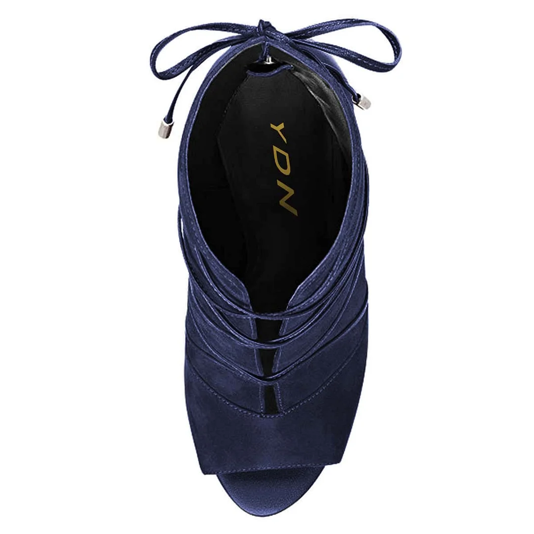 Dark Blue Faux Suede Back-Zip Bow Inlay Ankle Boots with Stiletto Heel