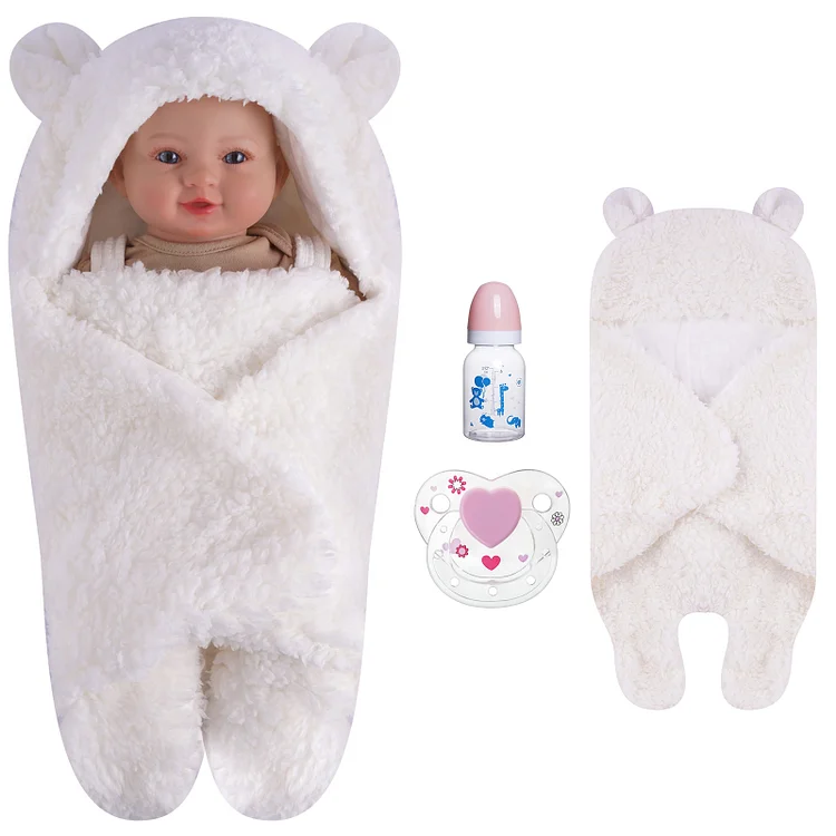 17"-22" Reborn Baby Bear Ear Pure White Plush Blanket
