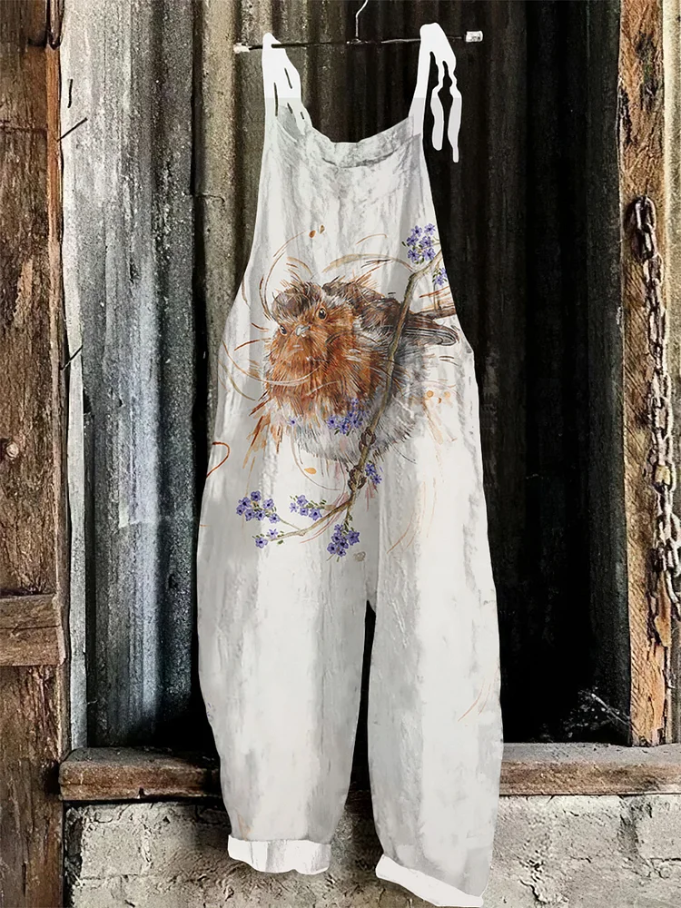 Women's Bird Art Print Casual Jumpsuit