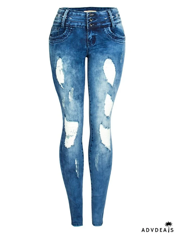 Women's Casual Style Floral Embroidery Buttons Denim Jeans