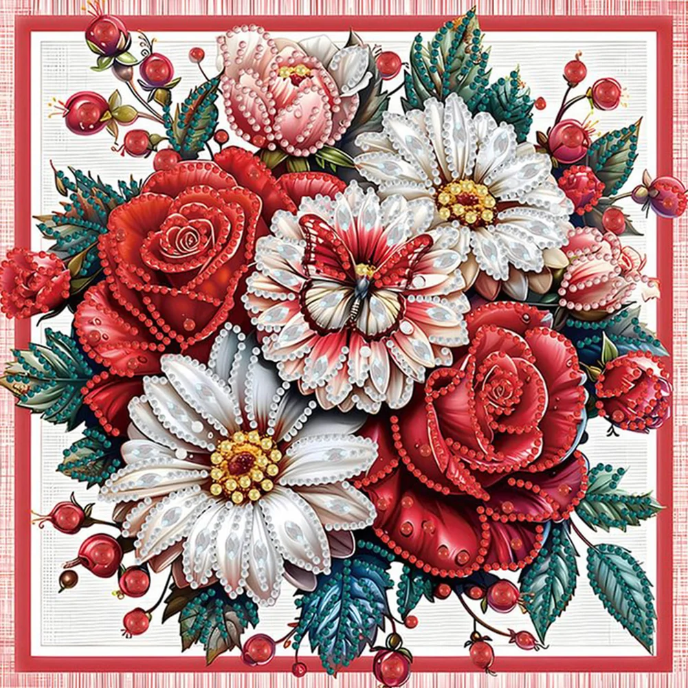 4pcs Diamond Painting - Partial Special Shaped Drill - Red Flower(Canvas|30*30cm)