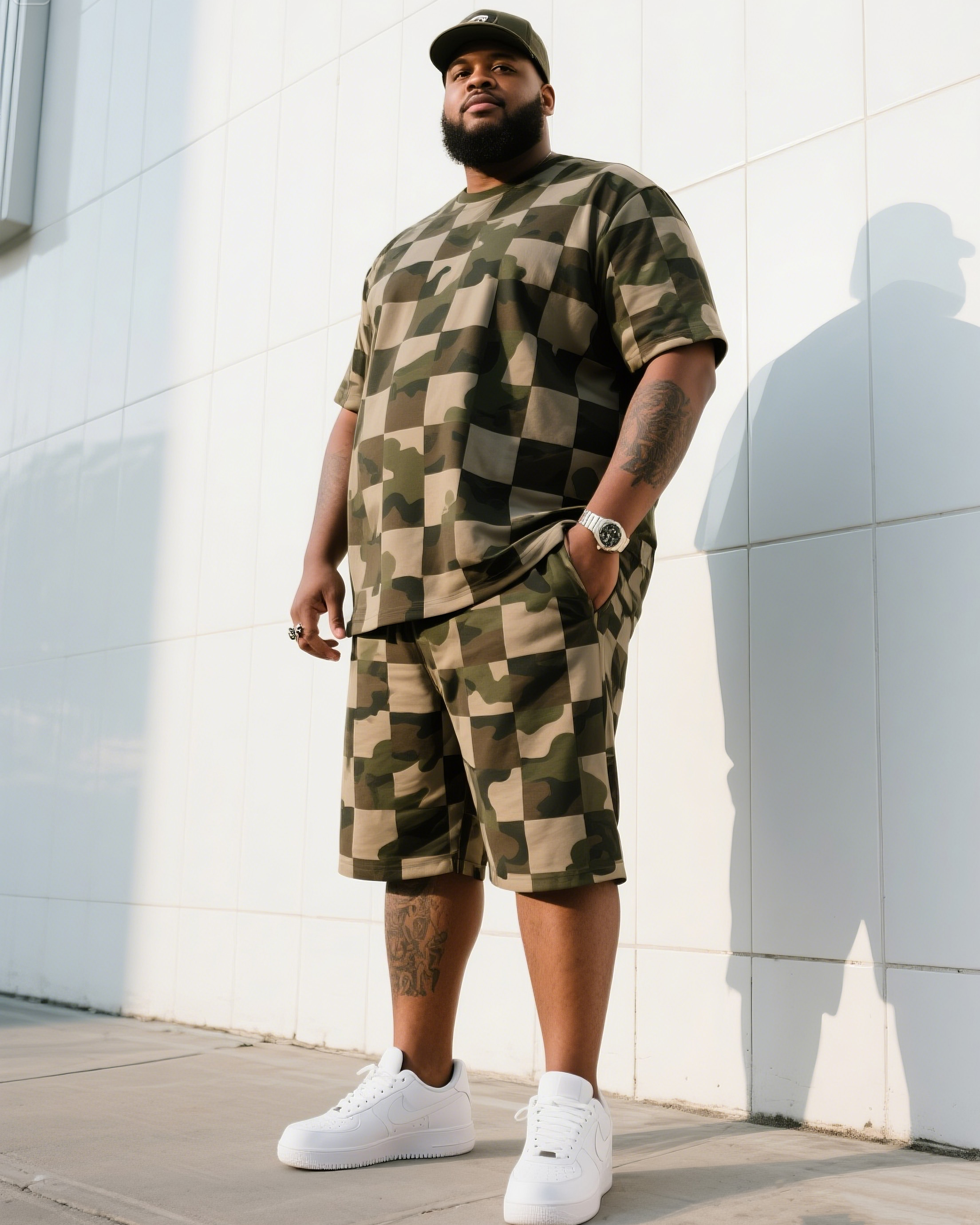 Big Man's Daily Leisure Outdoor Activities Creative Checkered Camouflage Short Sleeve Shirt Shorts Suit