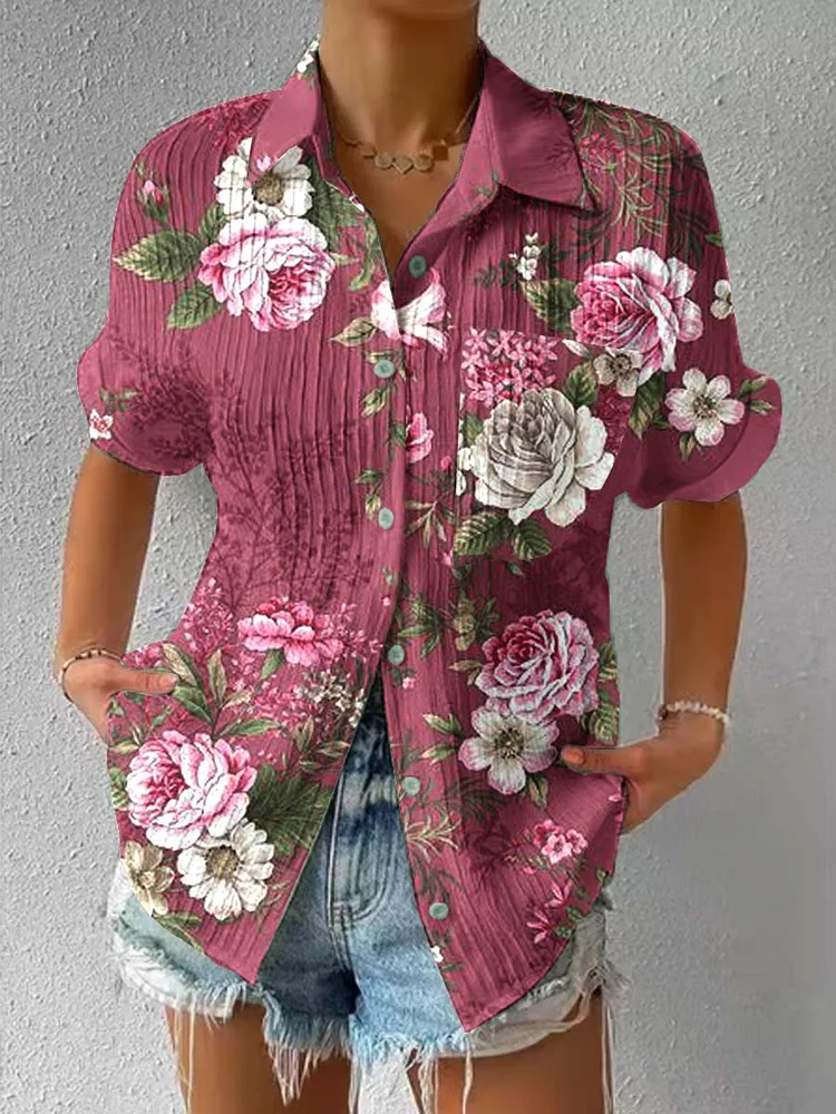 Womens Rose Pattern Short Sleeve Textured Shirt