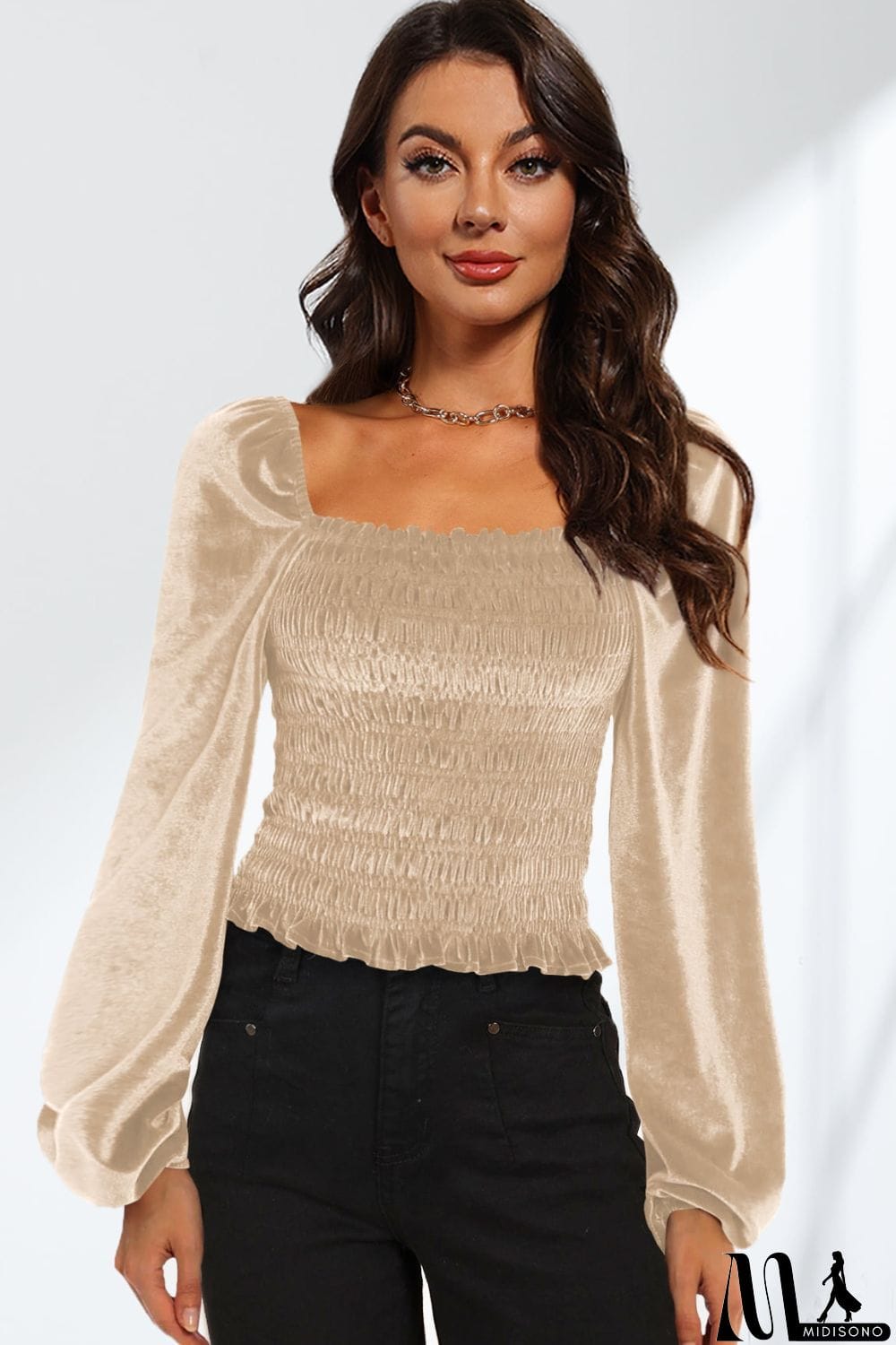 MidiSono - Smocked Square Neck Long Sleeve Blouse