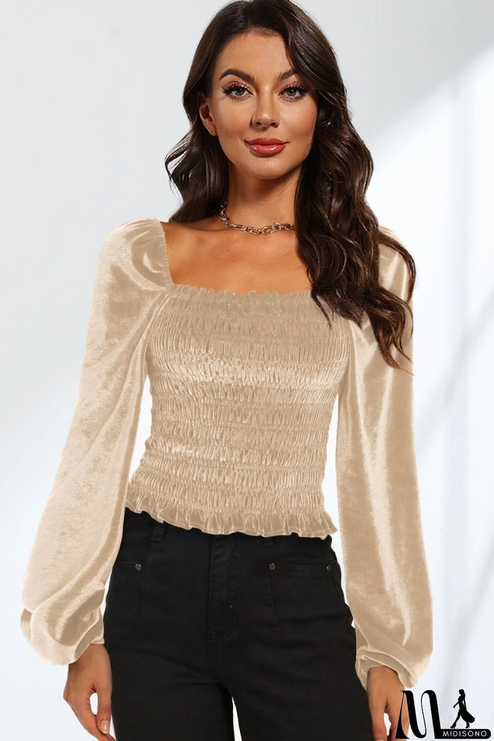 MidiSono - Smocked Square Neck Long Sleeve Blouse