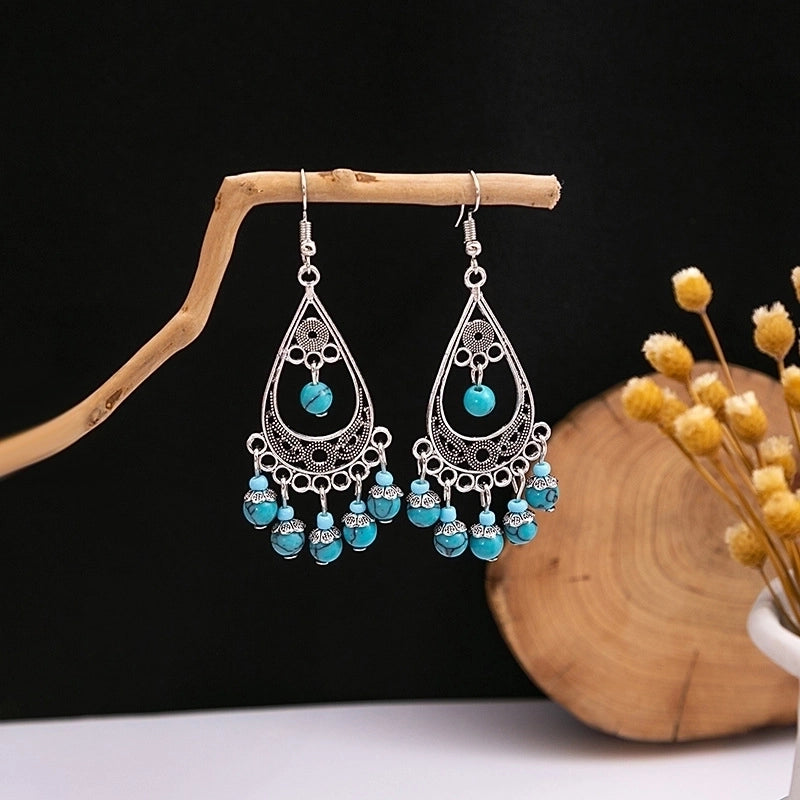 Bohemian Blue Turquoise National Style Earrings Imitation Miao Silver Metal Earrings Vintage Tassel Earrings
