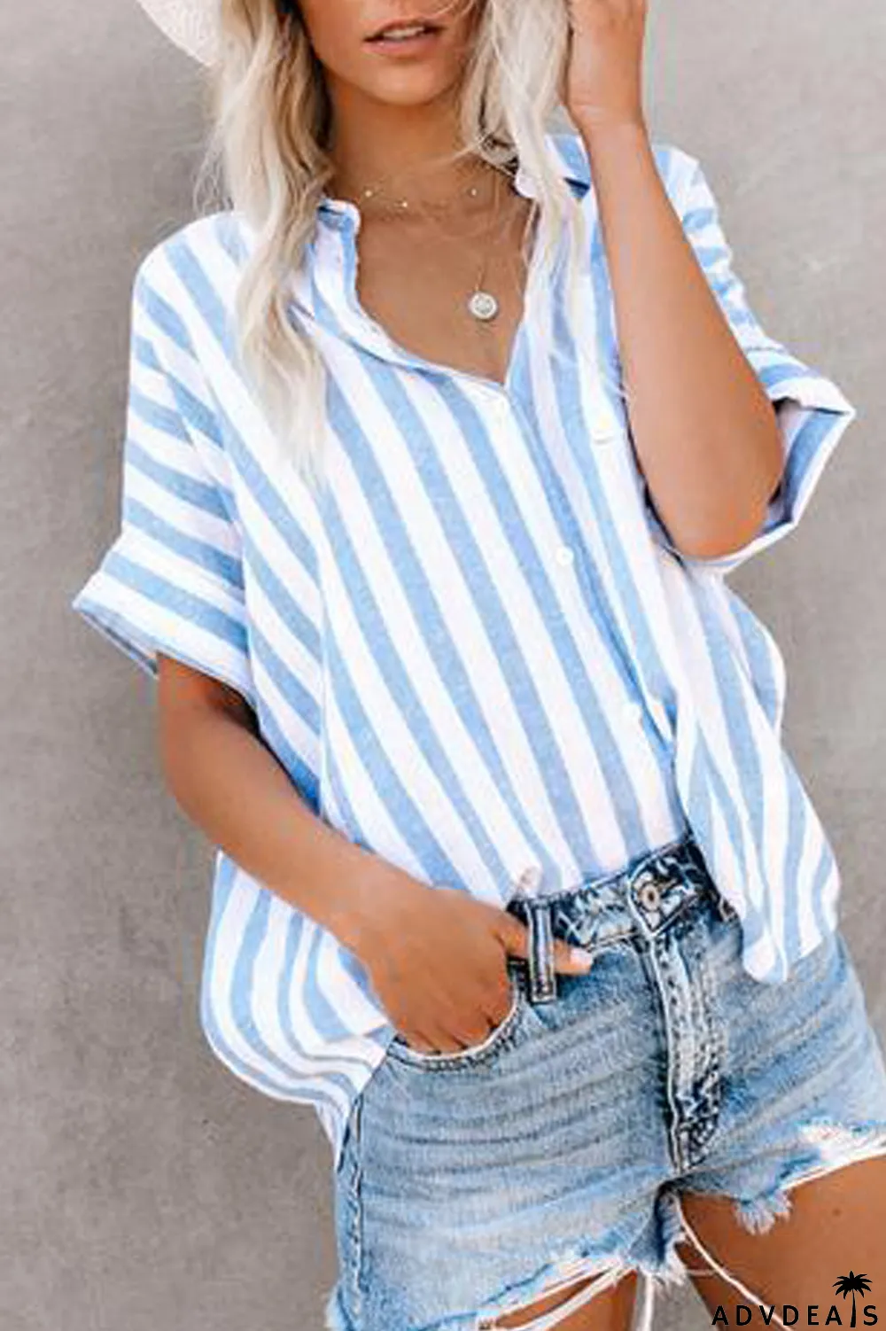 Striped Lapel Short Sleeve Blouse