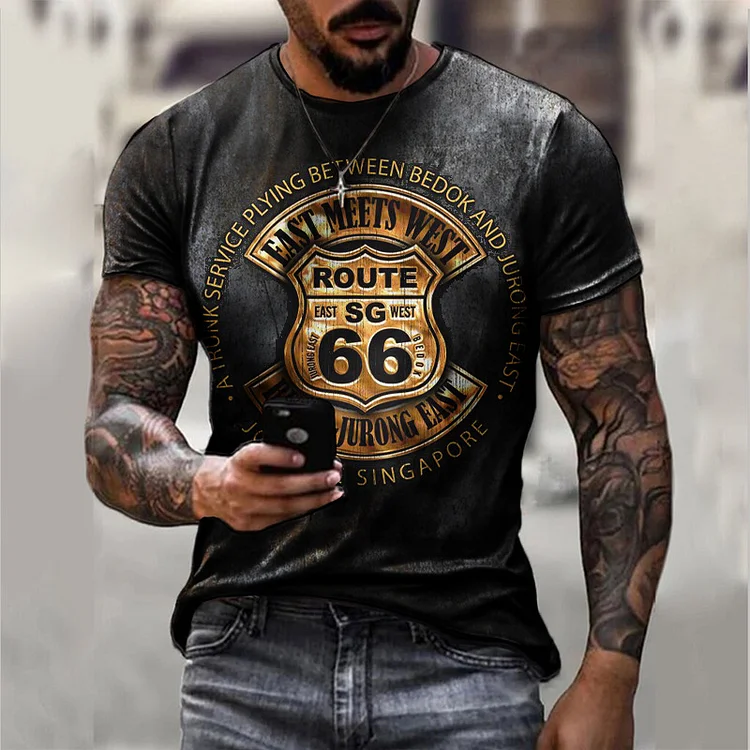 Route Californian 66 Vintage Printed Short Sleeves Mens T-Shirts at Hiphopee