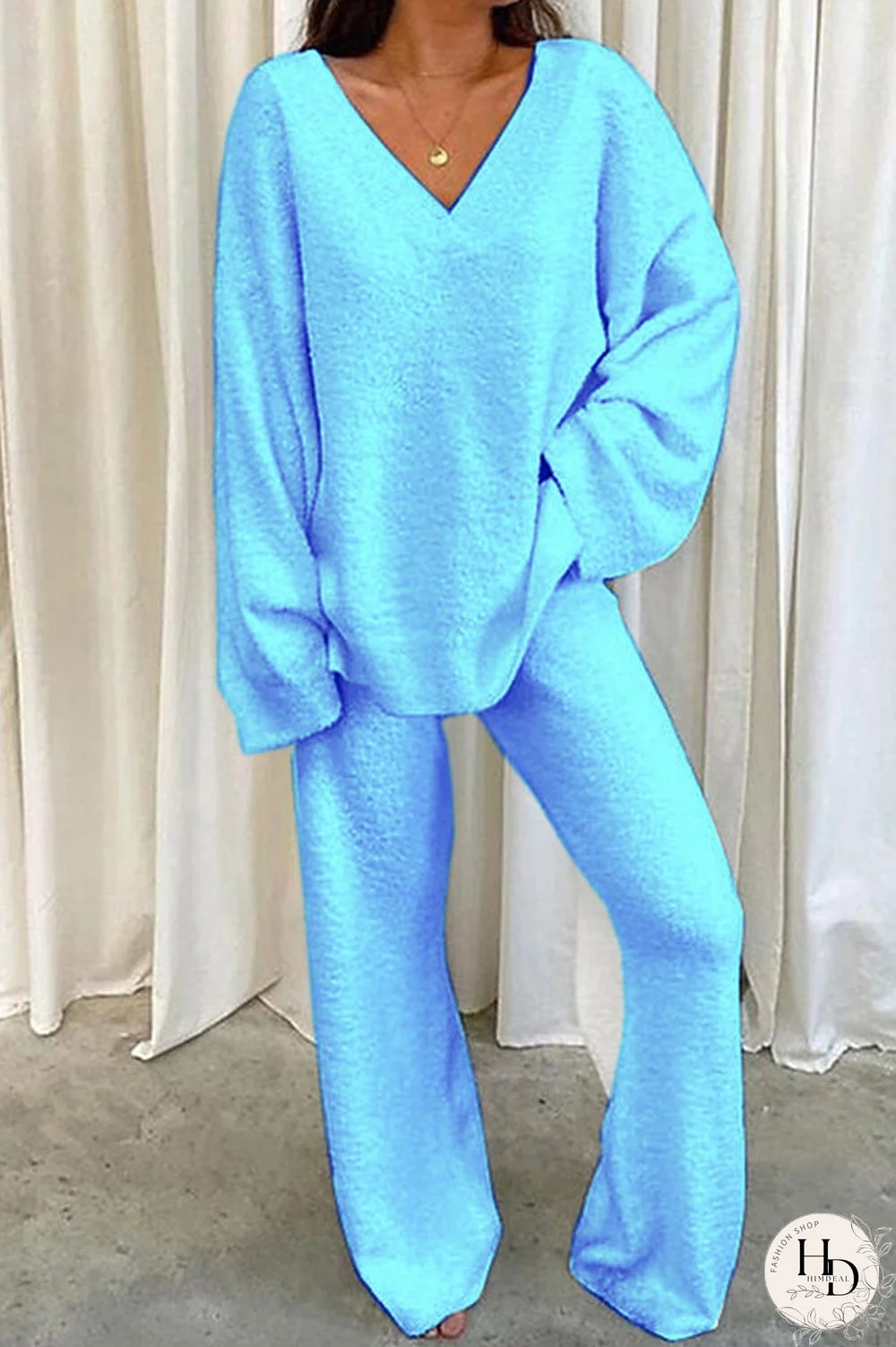 Light Blue Casual Solid Solid Color V Neck Two Pieces