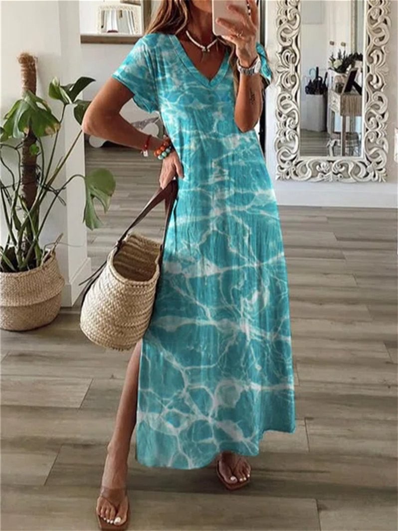 Women Short Sleeve V-neck Graphic Maxi Dress