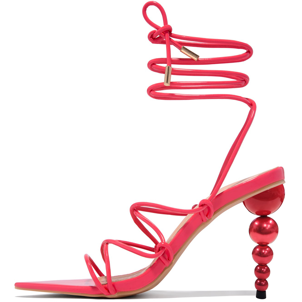 Pink Open Toe 4'' Decorative Heel Lace Up Sandals Nicepairs