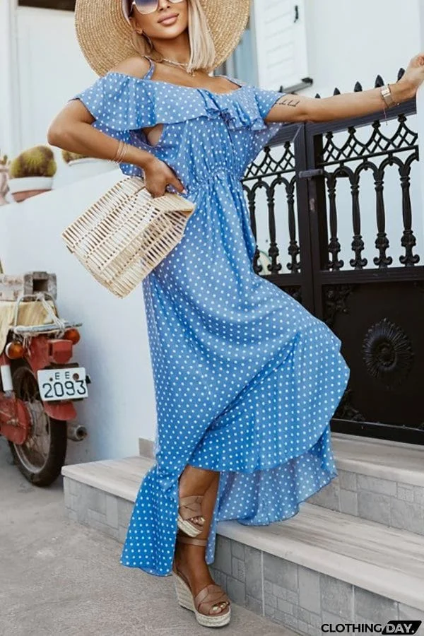 Dot Ruffles Off Shoulder Irregularity Maxi Dress