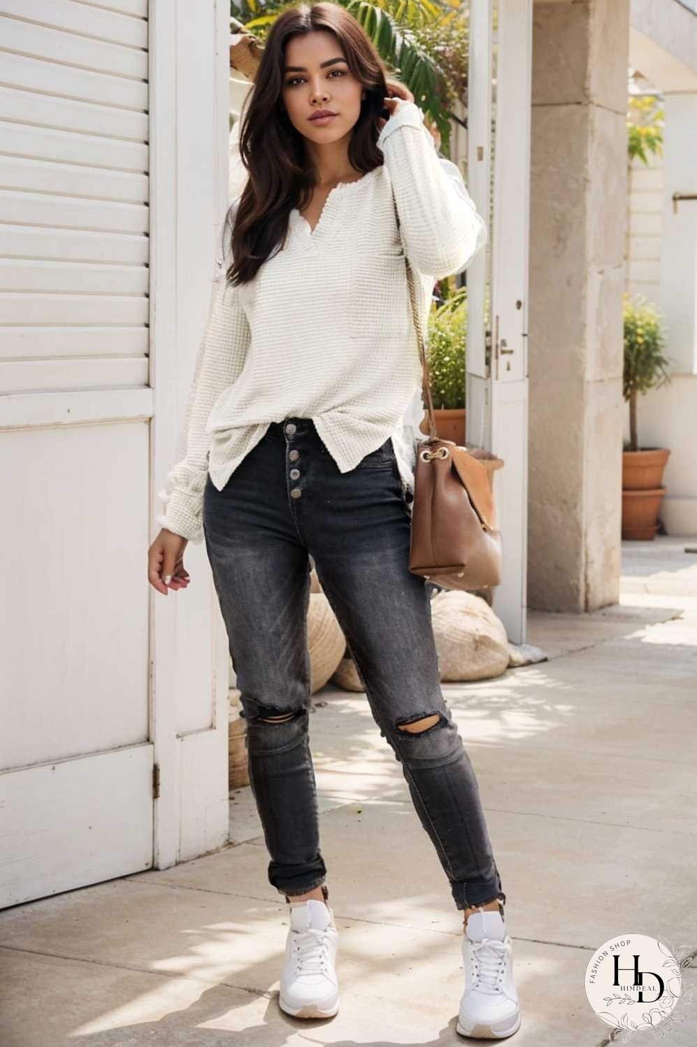 deep v neck long sleeve knitted sweater