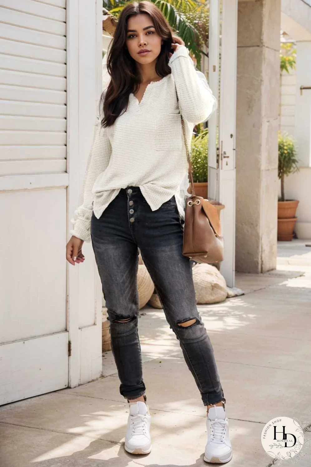 deep v neck long sleeve knitted sweater
