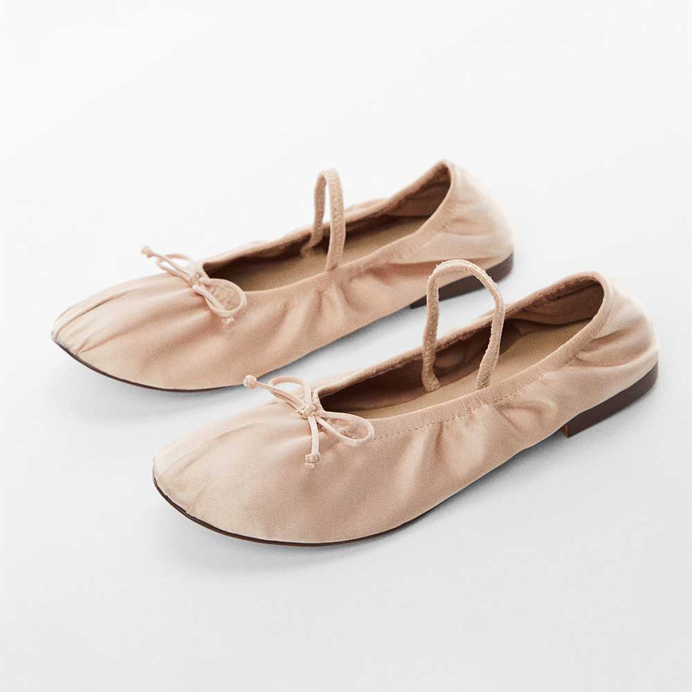 Beige Satin Round Toe Bow-Tie Slip-On Ballet Flat Shoes with Strap Nicepairs