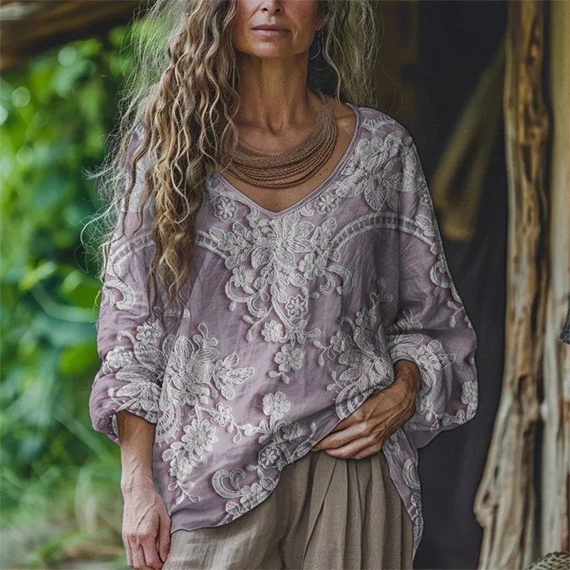 Boho Floral Embroidered Lace Flowy Linen Tunic