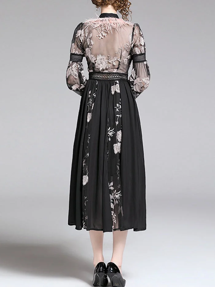 Backless Lace-up Ostrich Hair Lantern Sleeve Embroidered Dress