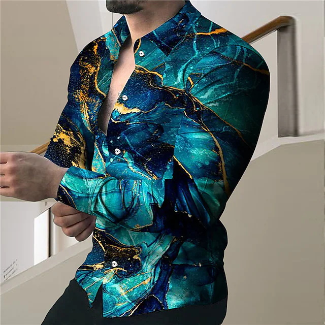 men's shirt 3d print marble turndown street casual button-down print long sleeve tops designer casual fashion breathable blue