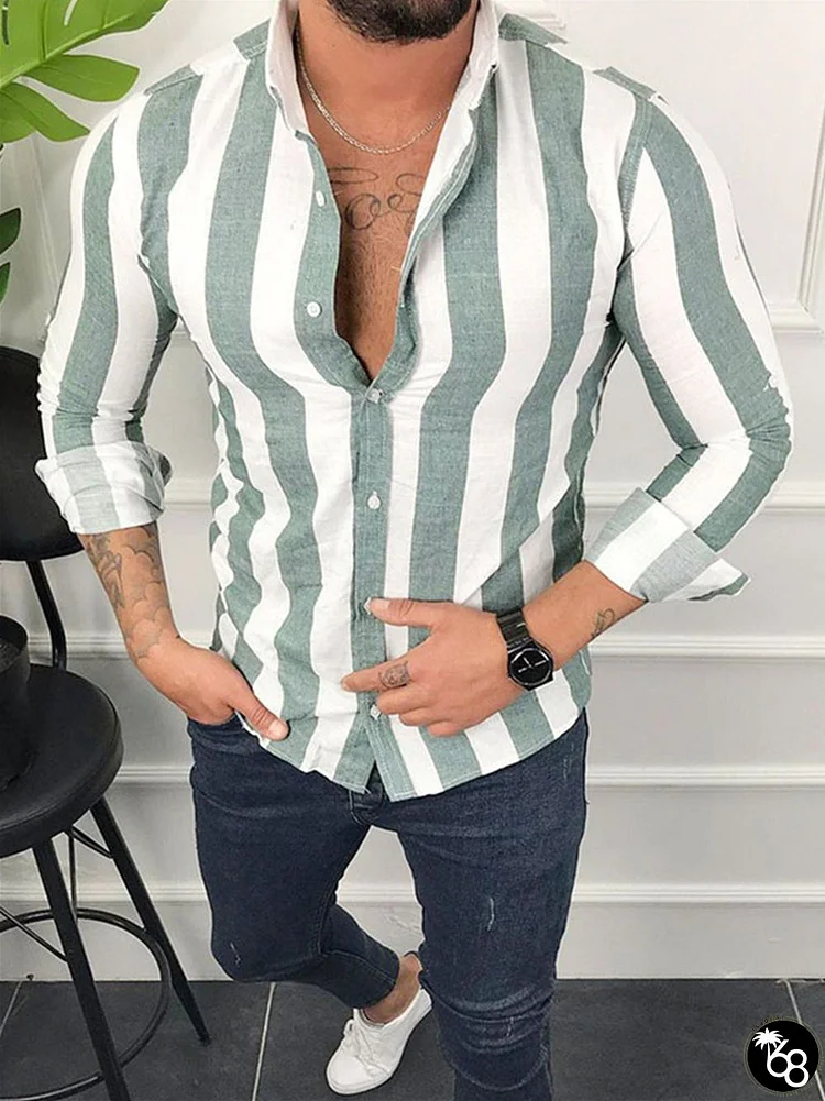 Men's Long-sleeved Lapel Vertical Stripes Shirt Loose Casual Shirt Breathable Cardigan Shirt Gray,Green,Blue | 168DEAL