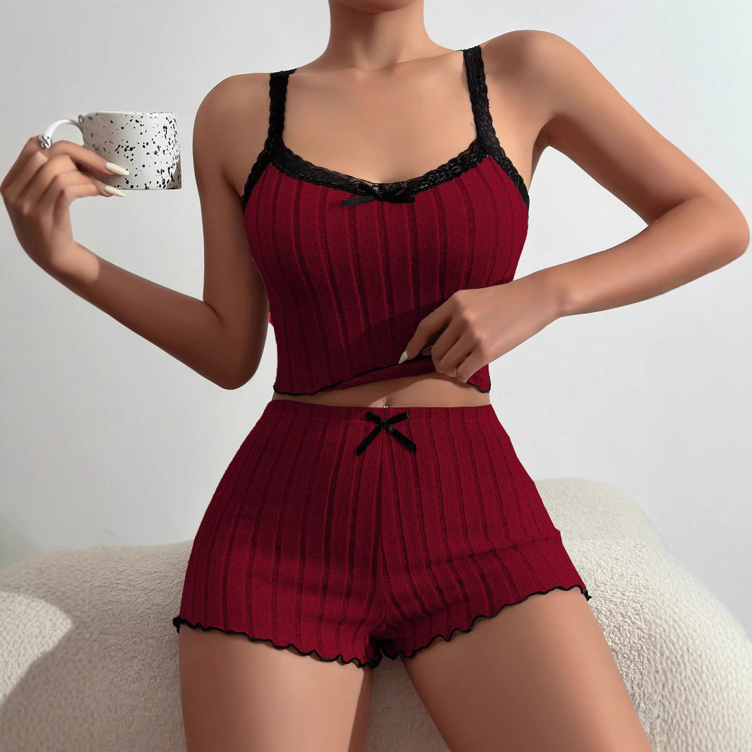 Fashion Casual Home Suit Spring And Summer Bow Suspender Top Shorts Two-piece Set High Elastic Two-piece Set