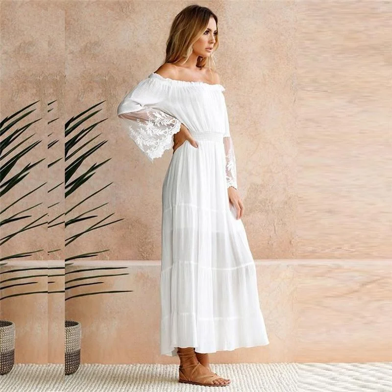 2023 Women Strapless Long Sleeve Loose White Beach Dress  Off Shoulder Lace Boho Women Maxi Dress