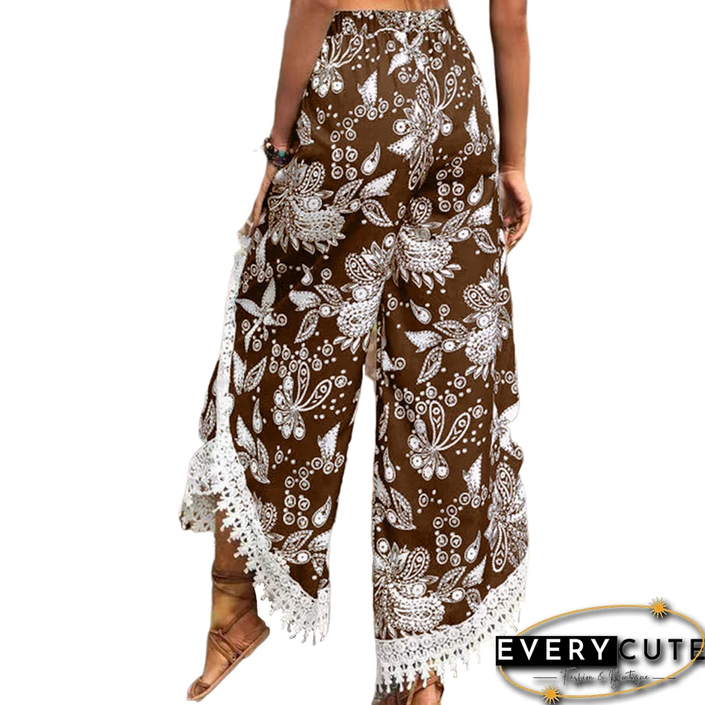 Brown Floral Print Spliced Casual Pants