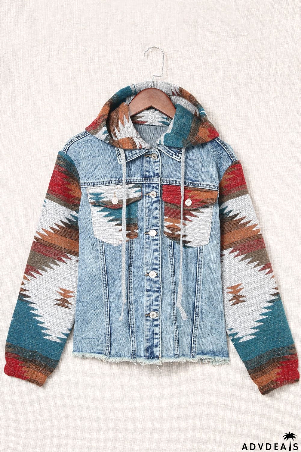 color Aztec Print Frayed Hem Denim Jacket
