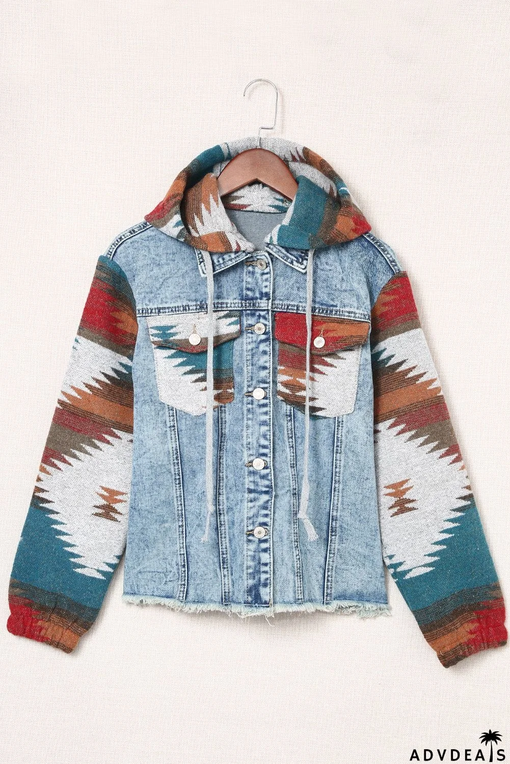 color Aztec Print Frayed Hem Denim Jacket