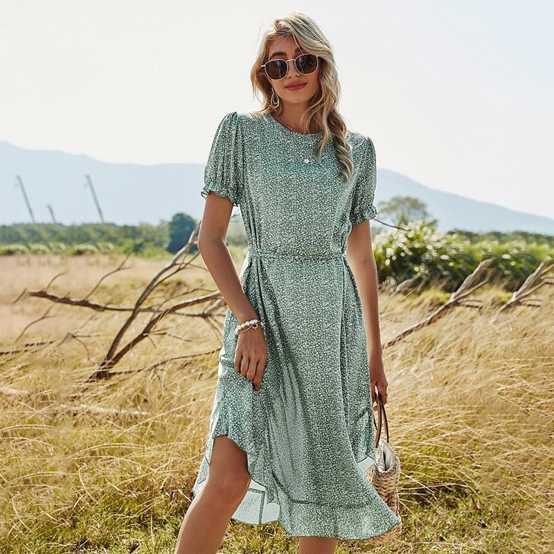 Ladies Fashion Maxi Ruffles Print Women Beach Dress Casual O Neck High Waist Lace Up Loose Women Summer Dress Female Vestidos