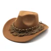 Unisex Fall Vintage Western Cowboy Woolen Tassel Sun Protection Wide Brim Hat by Inlyline